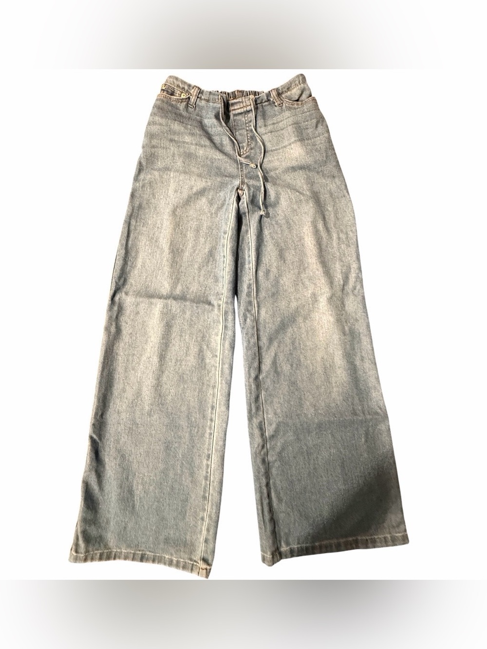 No Boundaries Drawstring Jeans Womens XS Blue Denim Wide Leg Elastic Waist